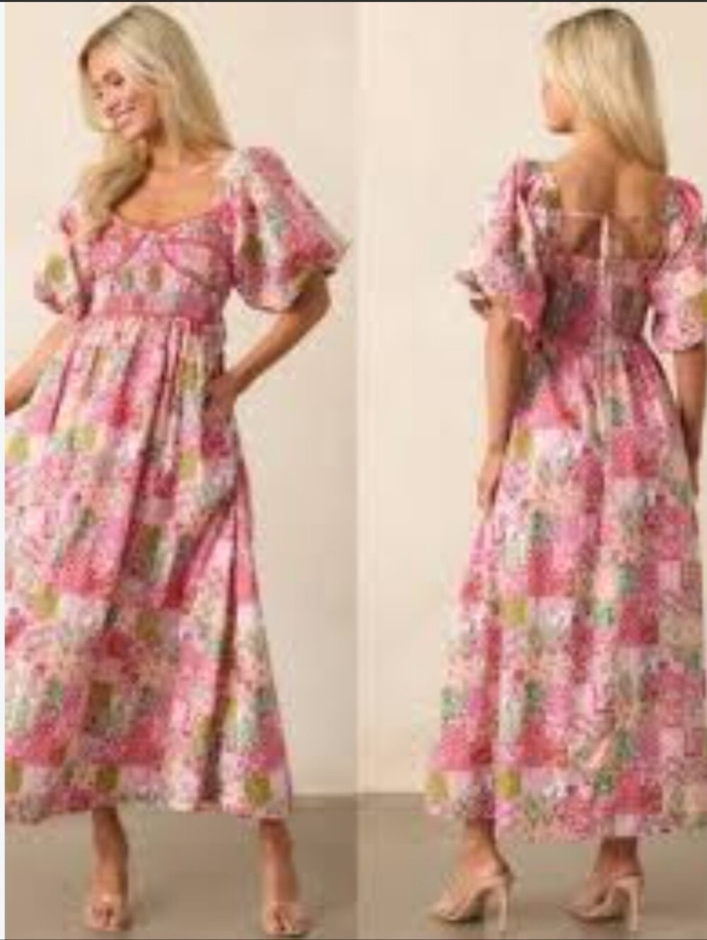 STRUT & BOLT Patchwork Smocked Cotton Midi Dress Cottagecore Medium
